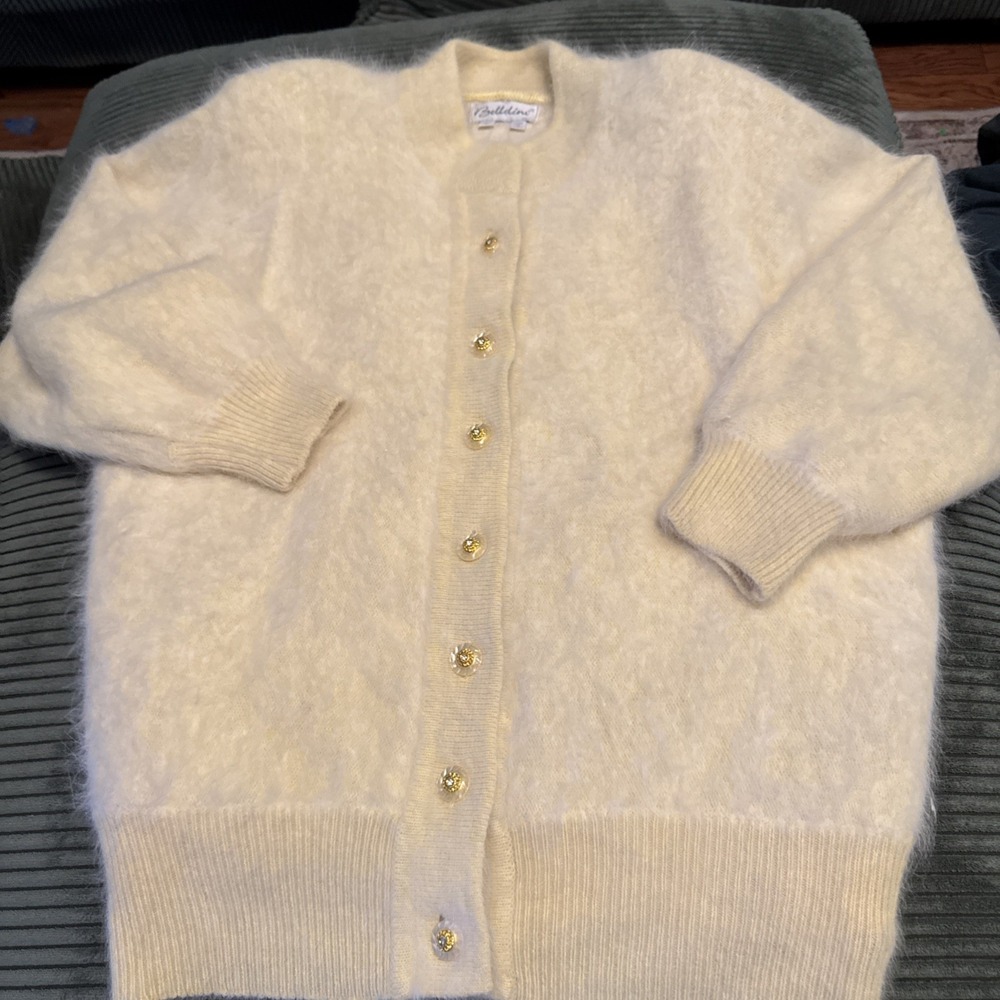 RARE BELLDINI Fluffy Fuzzy Vintage Angora Yellow Cardigan Sweater L